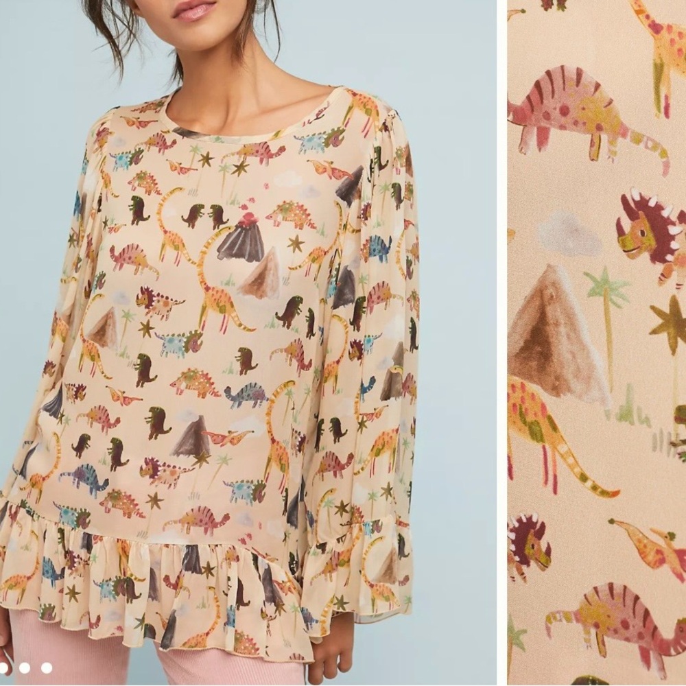 Blush Pink Dinosaur Print Ruffle Hem Blouse